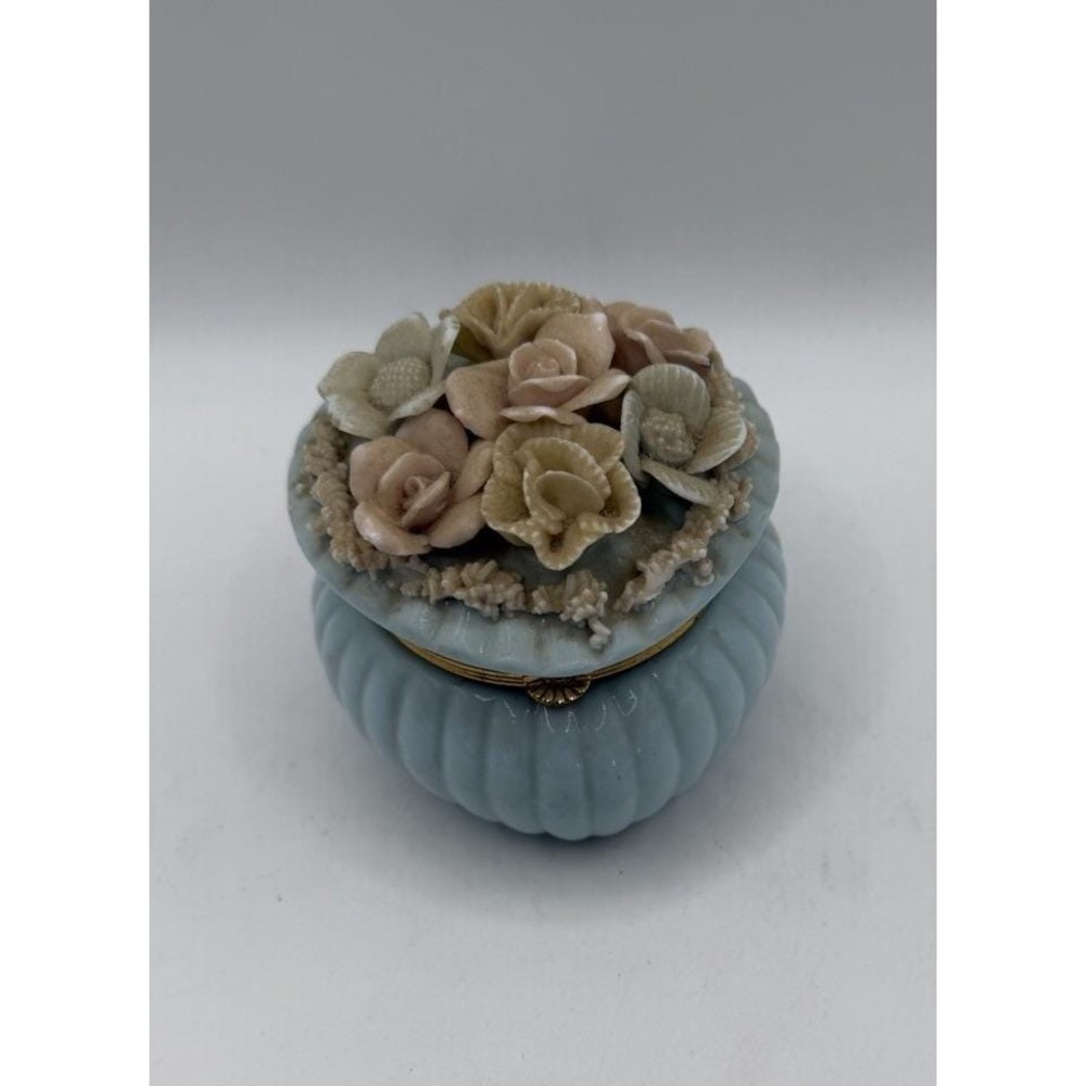 Vintage Porcelain Floral Trinket Box Blue Gold Hinged Jewelry Box